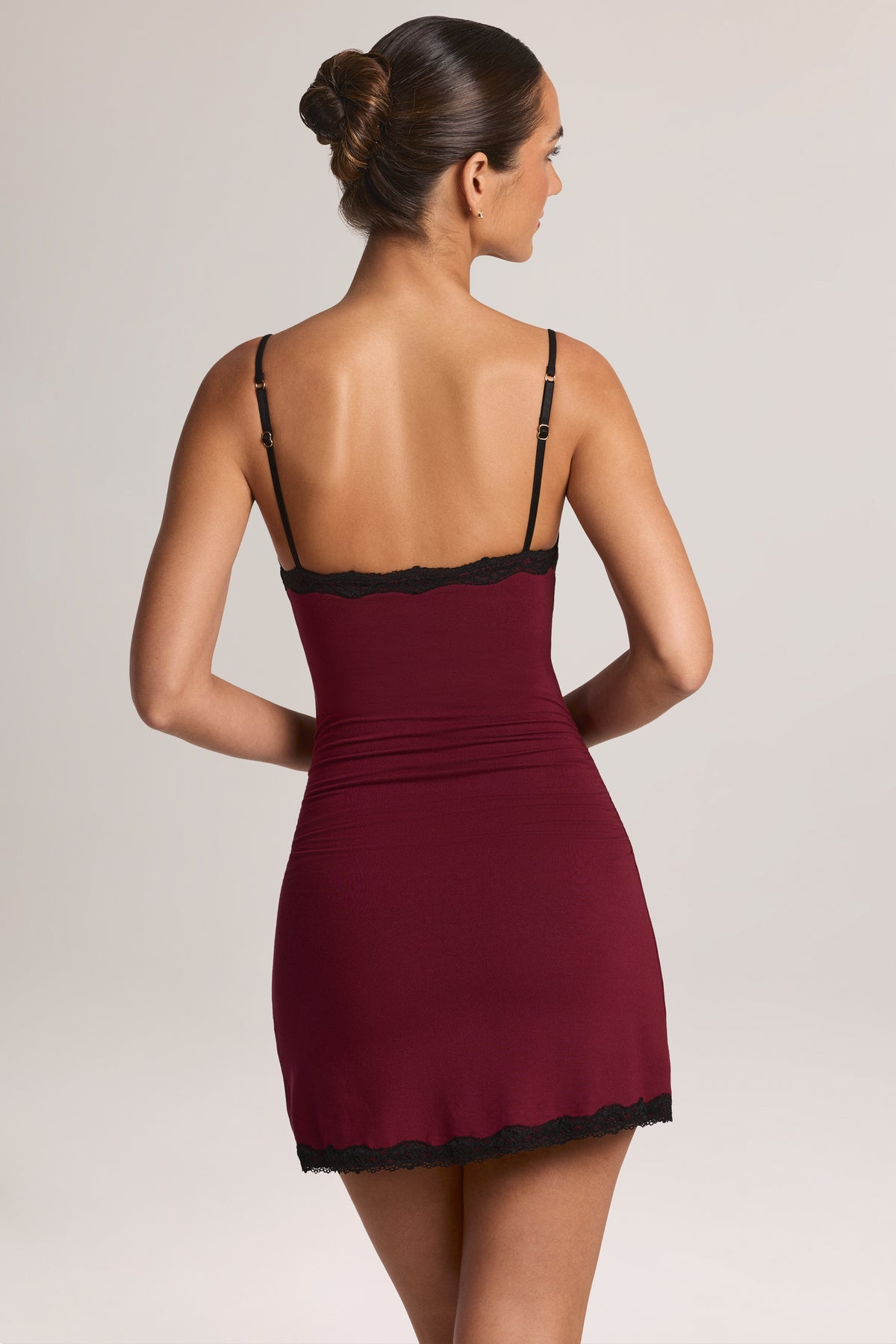 Modal Lace-Trim Peekaboo Mini Dress in Wine