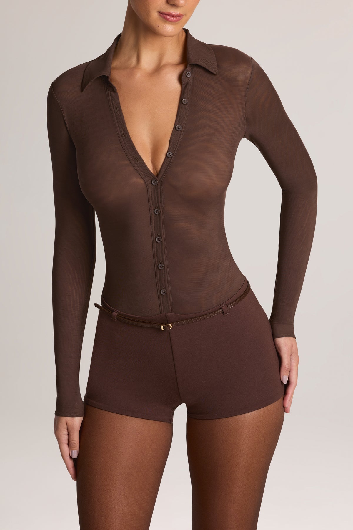 Button Front Long-Sleeve Romper in Chocolate Brown