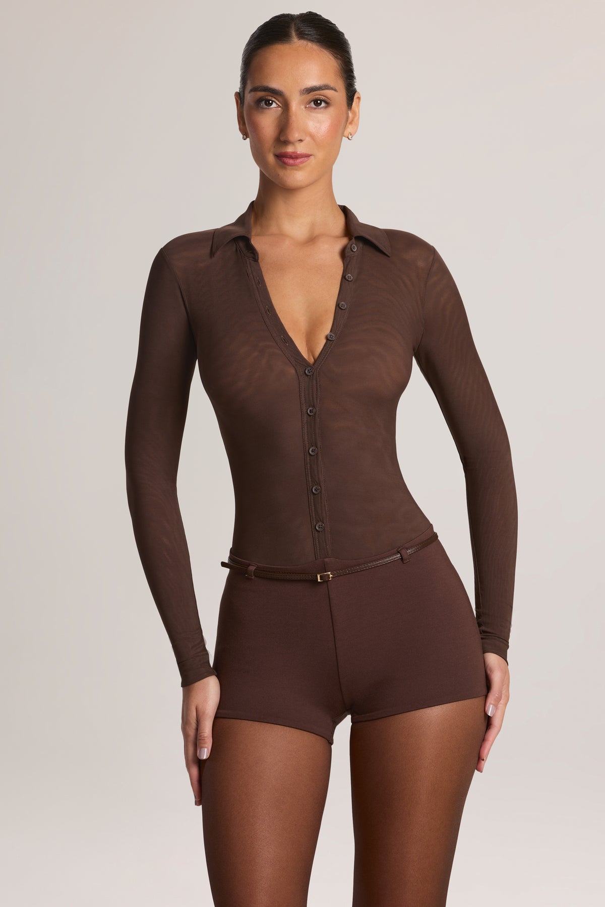 Button Front Long-Sleeve Romper in Chocolate Brown