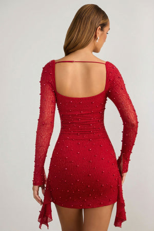 Embellished Cowl-Neck Draped Mini Dress in True Red