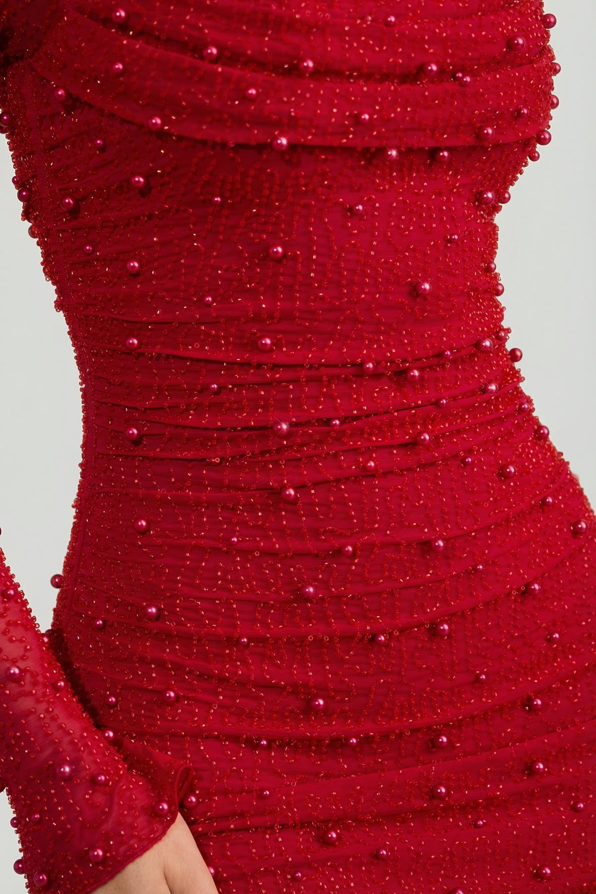 Embellished Cowl-Neck Draped Mini Dress in True Red
