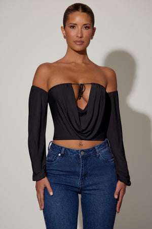 Juliana Off-Shoulder Draped Balloon-Sleeve Top in Black | Oh Polly