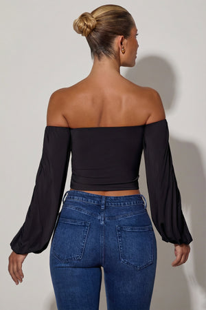 Off-Shoulder Draped Balloon-Sleeve Top in Black