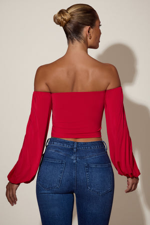 Off-Shoulder Draped Balloon-Sleeve Top in Red