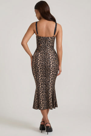 Layered Bra-Detail Fishtail Midaxi Dress in Leopard Print