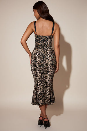 Layered Bra-Detail Fishtail Midaxi Dress in Leopard Print