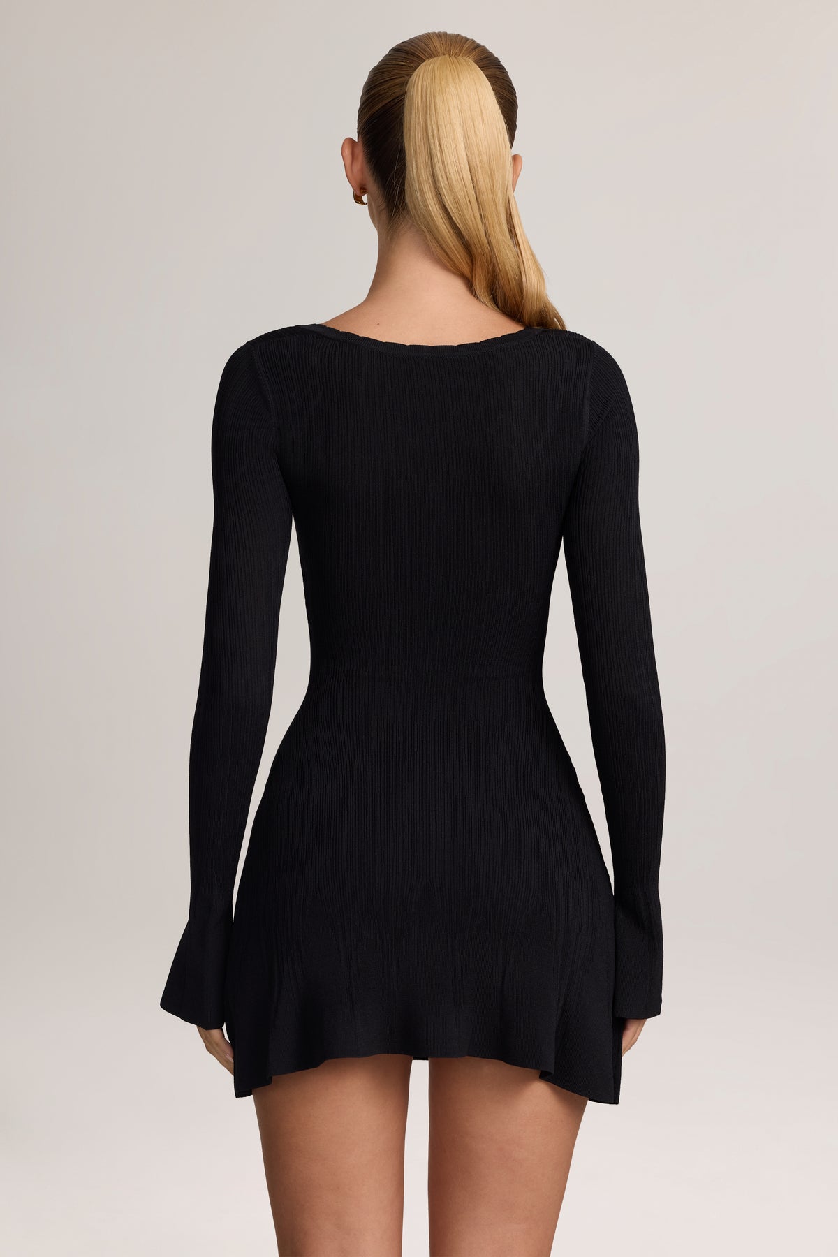 Knit Long-Sleeve Mini Dress in Black