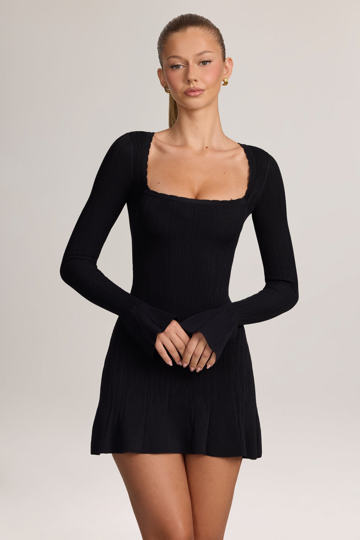 Knit Long-Sleeve Mini Dress in Black