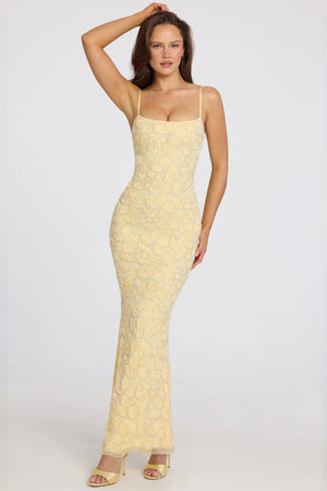 white gold dress Valora Embellished Square Neck Maxi Dress in Butter Yellow