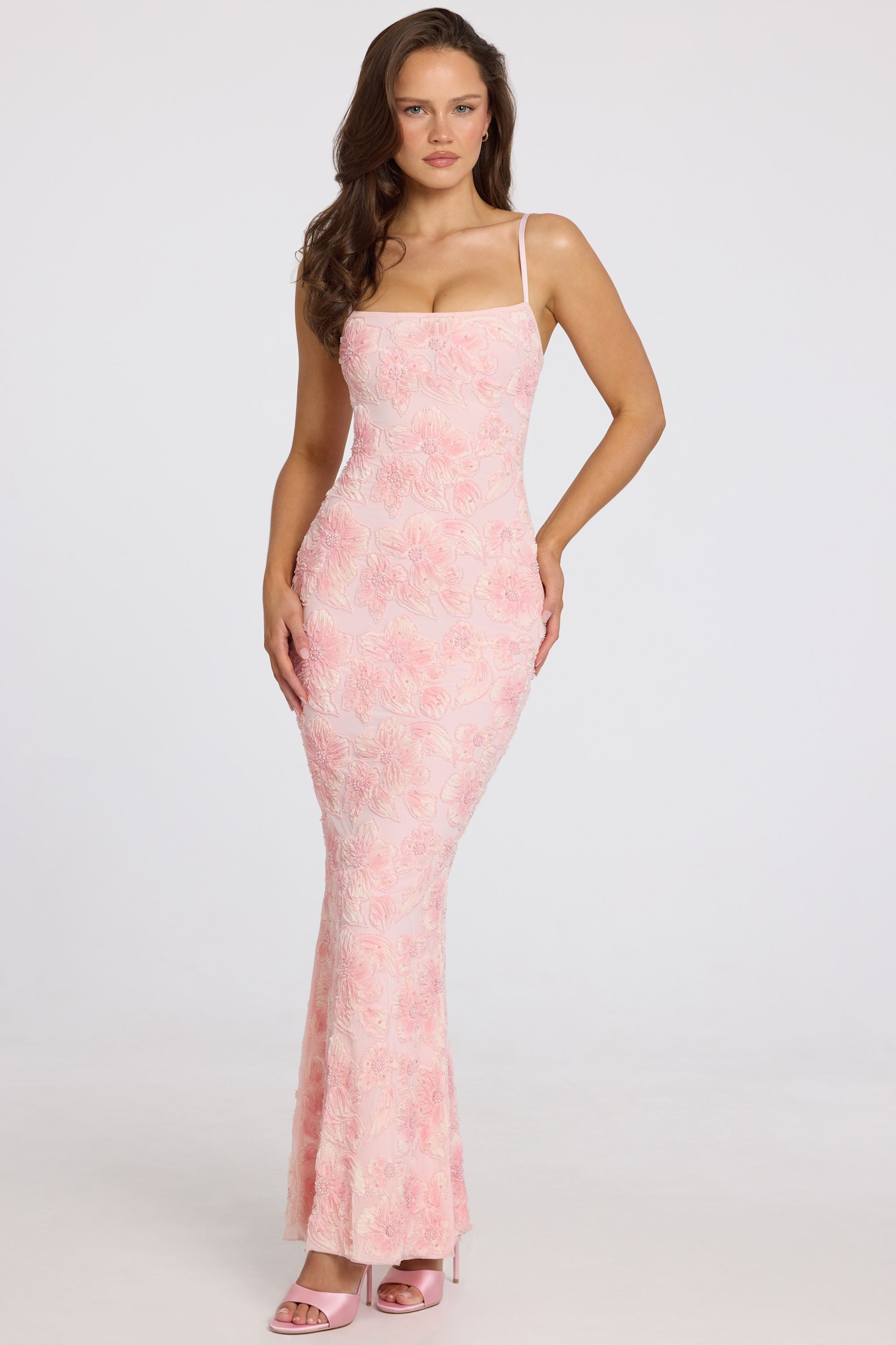 Embellished Square-Neck Maxi Dress in Soft Pink Ombre - 1