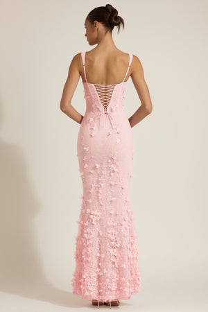 Oh Polly's Anna wearing the Vasanta Gown Length Dress in Pink Embellished fabric perfect for prom night