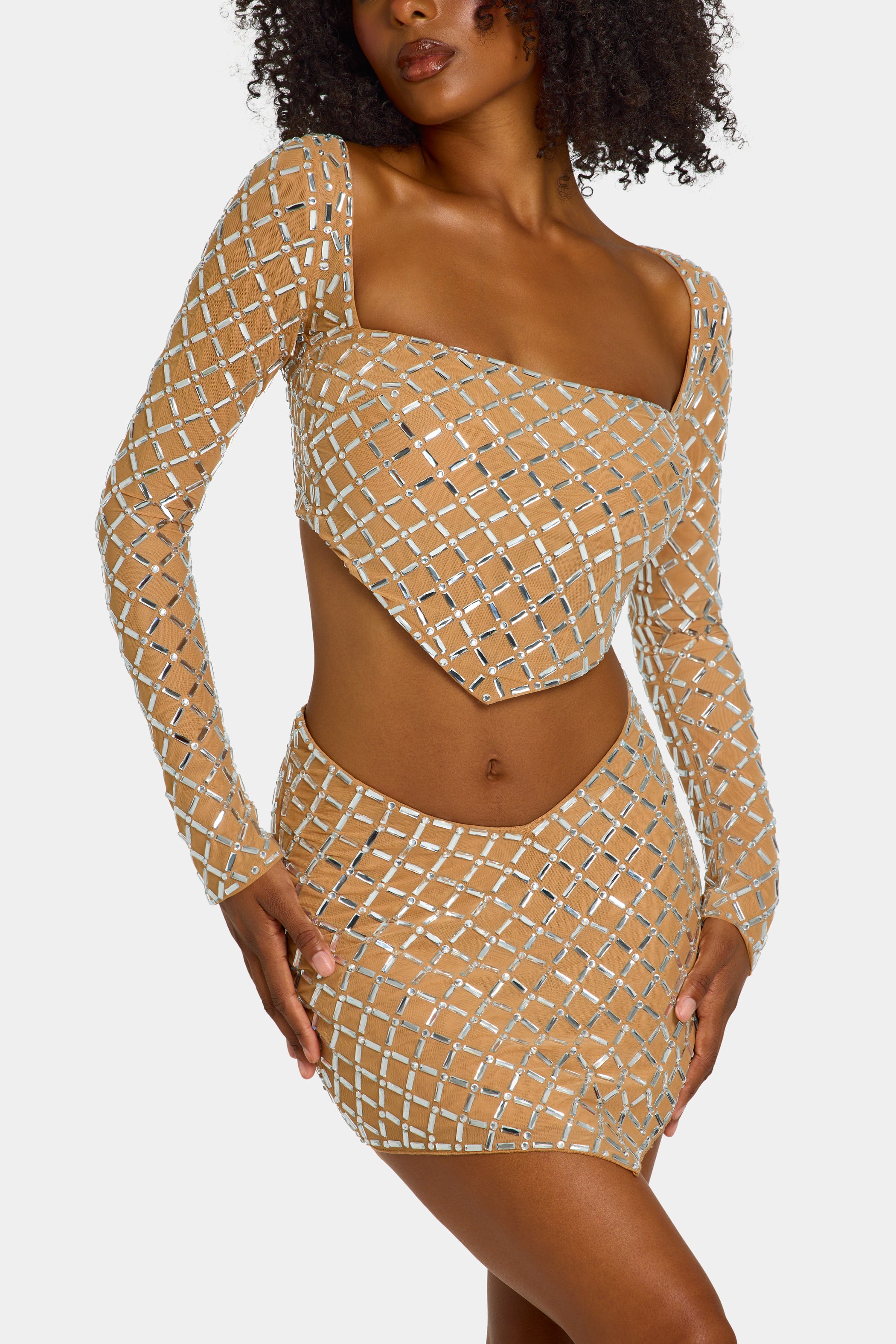 Embellished Asymmetric Mid-Rise Mini Skirt in Honey