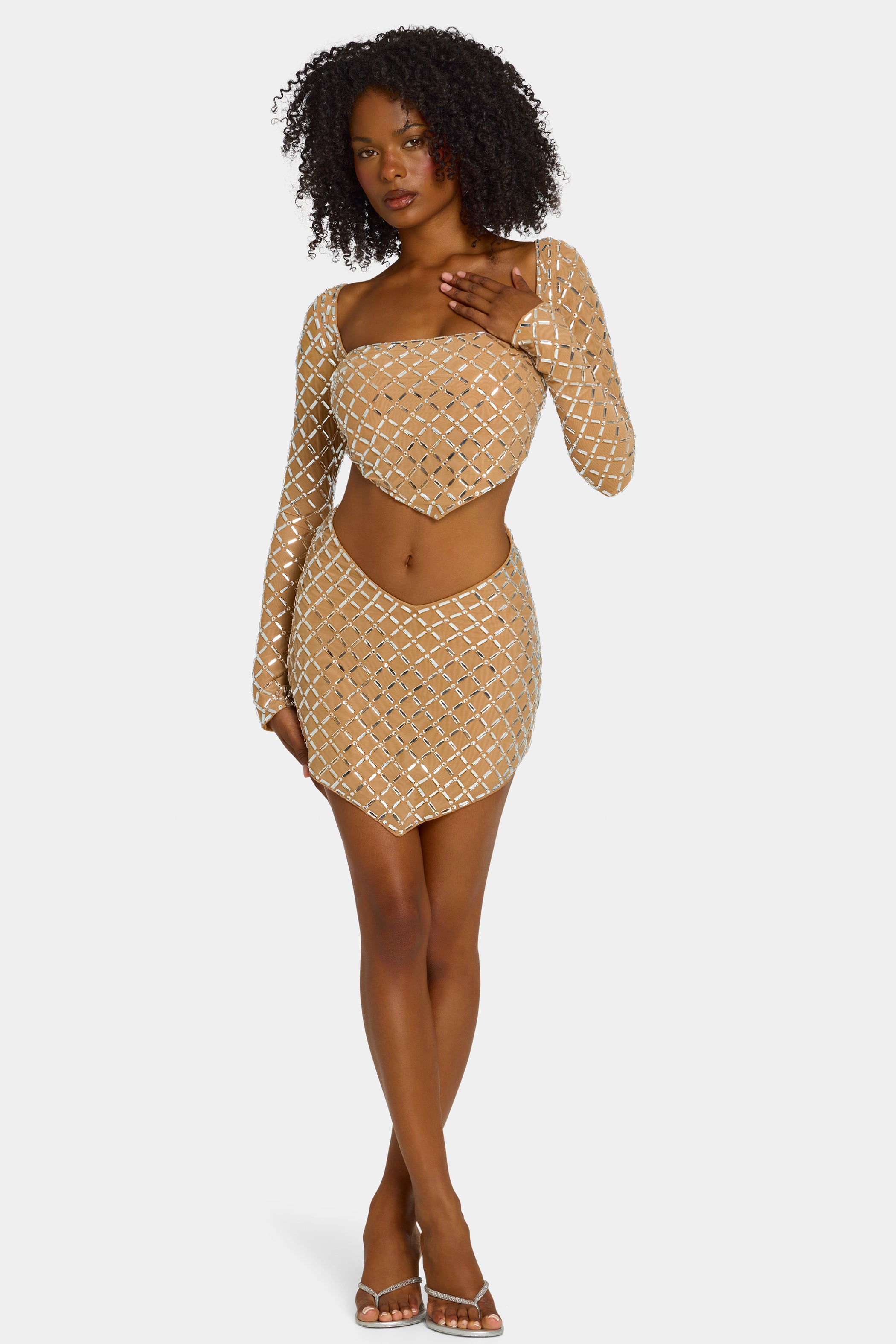 Embellished Asymmetric Mid-Rise Mini Skirt in Honey