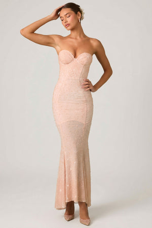 Oh Polly's Anna wearing the Vesna Gown Length Dress in Dusty Rose Embellished fabric perfect for elegant galas