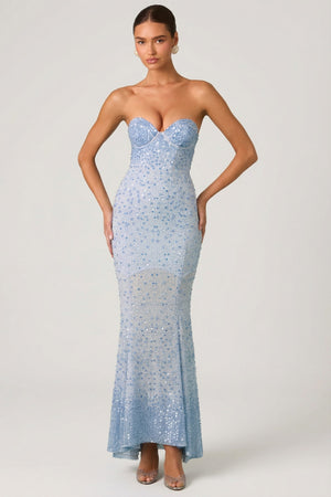 Oh Polly's Anna wearing the Vesna Gown Length Dress in Sky Blue Embellished fabric perfect for evening parties