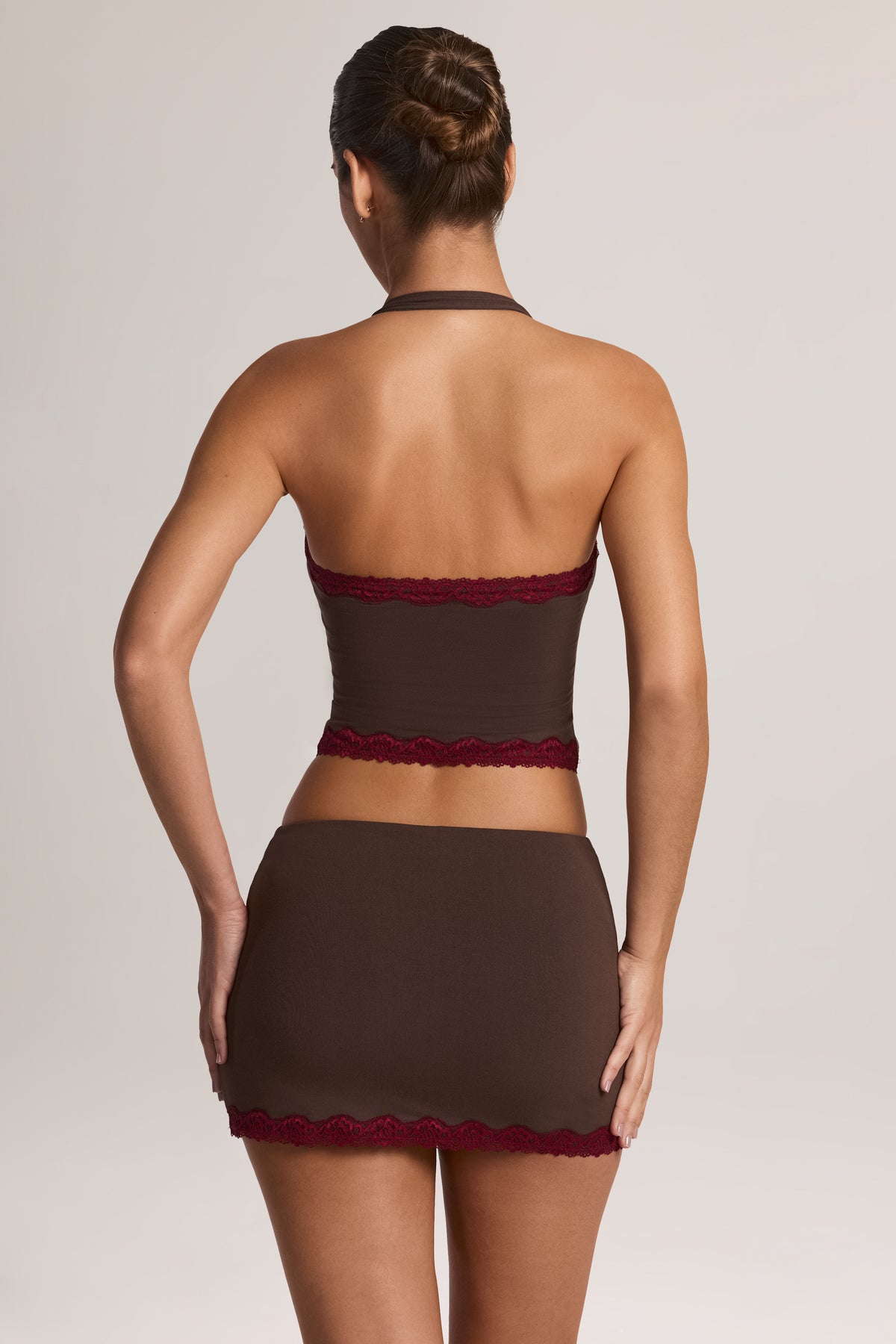 Modal Lace-Trim Low-Rise Mini Skirt in Chocolate Brown