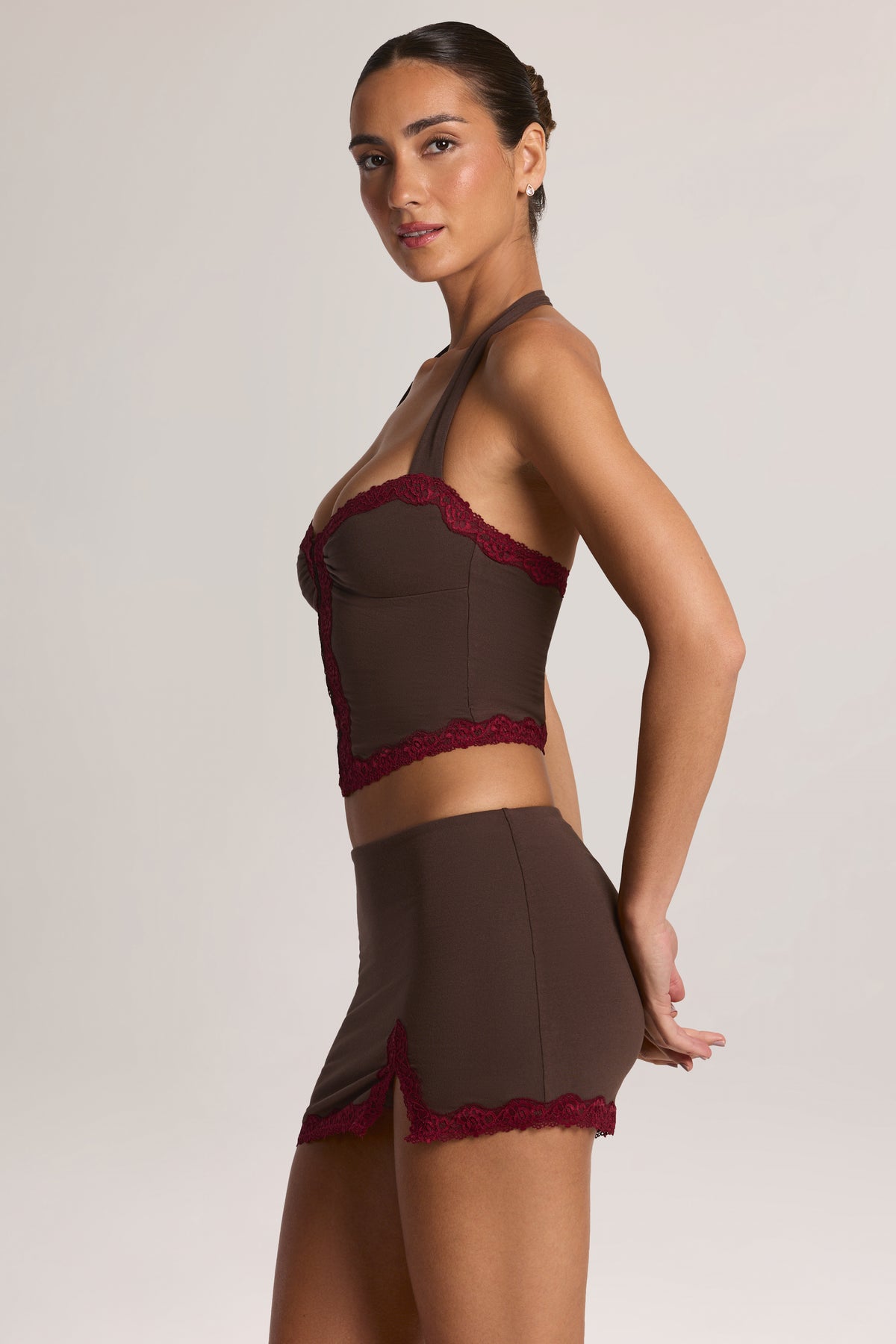 Modal Lace-Trim Low-Rise Mini Skirt in Chocolate Brown