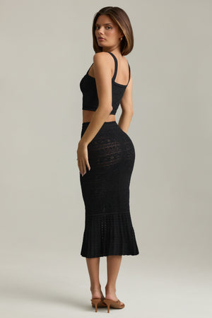 Ruffle-Trim Pointelle-Knit Midaxi Skirt in Black