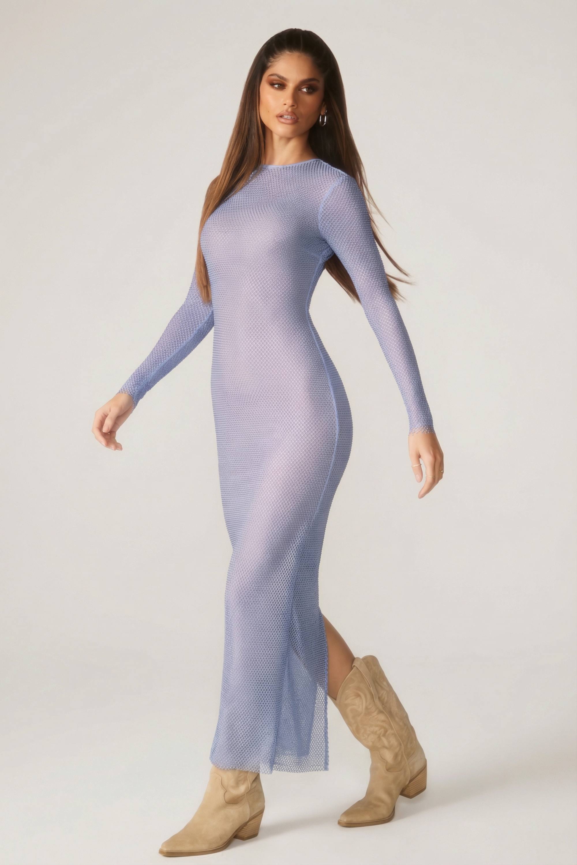 Yasmin Embellished Long Sleeve Maxi Dress in Blue