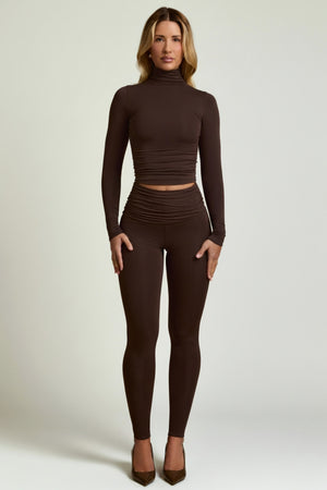 Modal Ruched Mid-Rise Leggings in Chocolate Brown