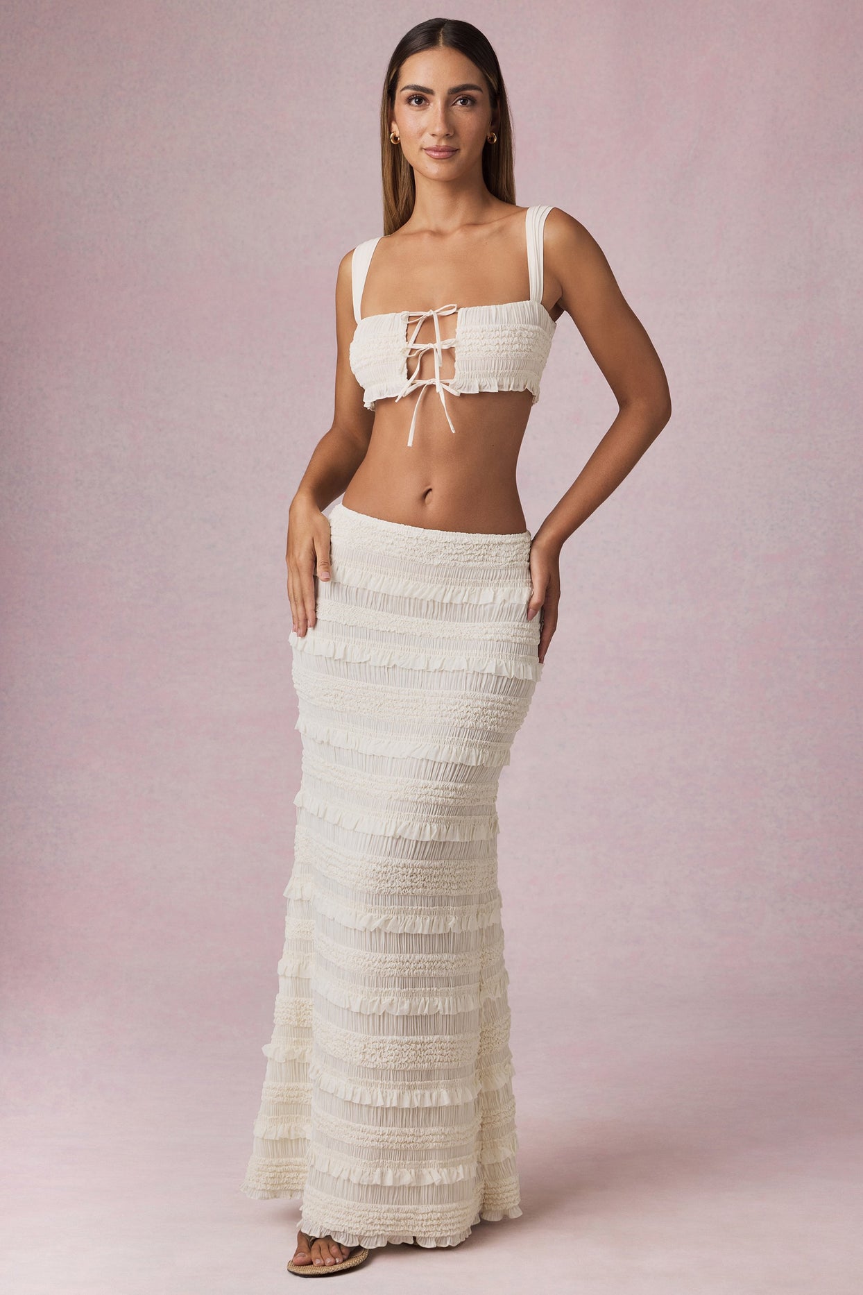 Ruffled Mid-Rise Maxi Skirt in Ivory - 8