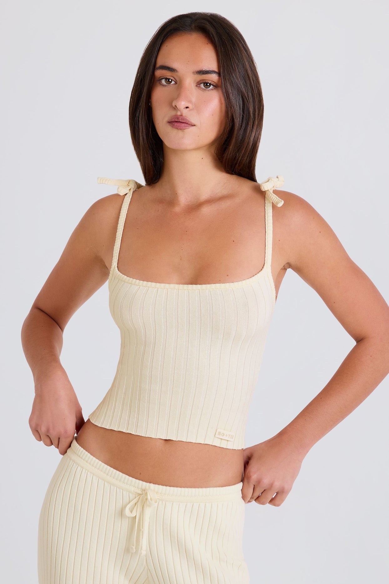 Ribbed Knit Tie Tank Top in Cream - 6