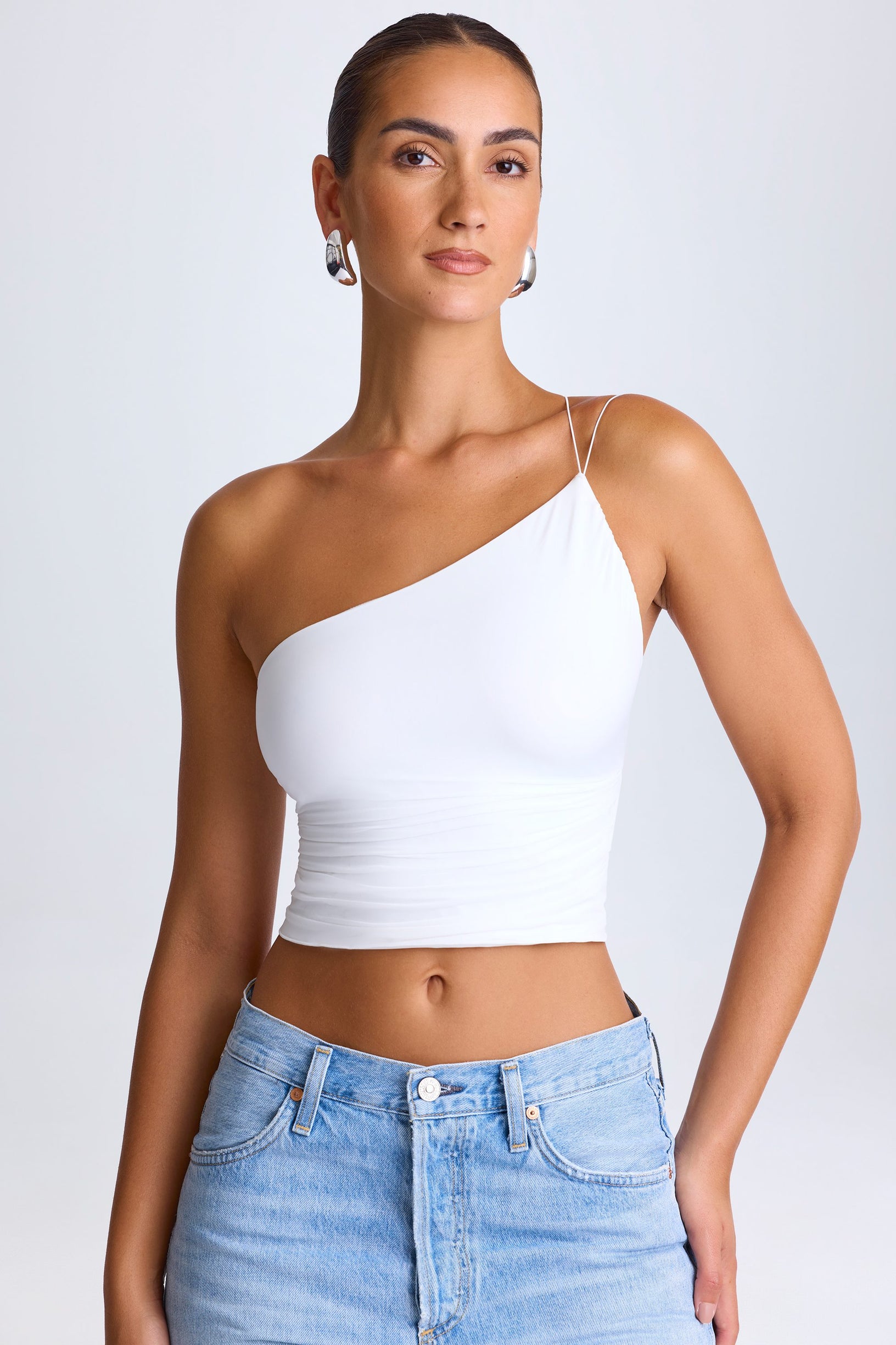 One-Shoulder Lace-Up Top in White - 1