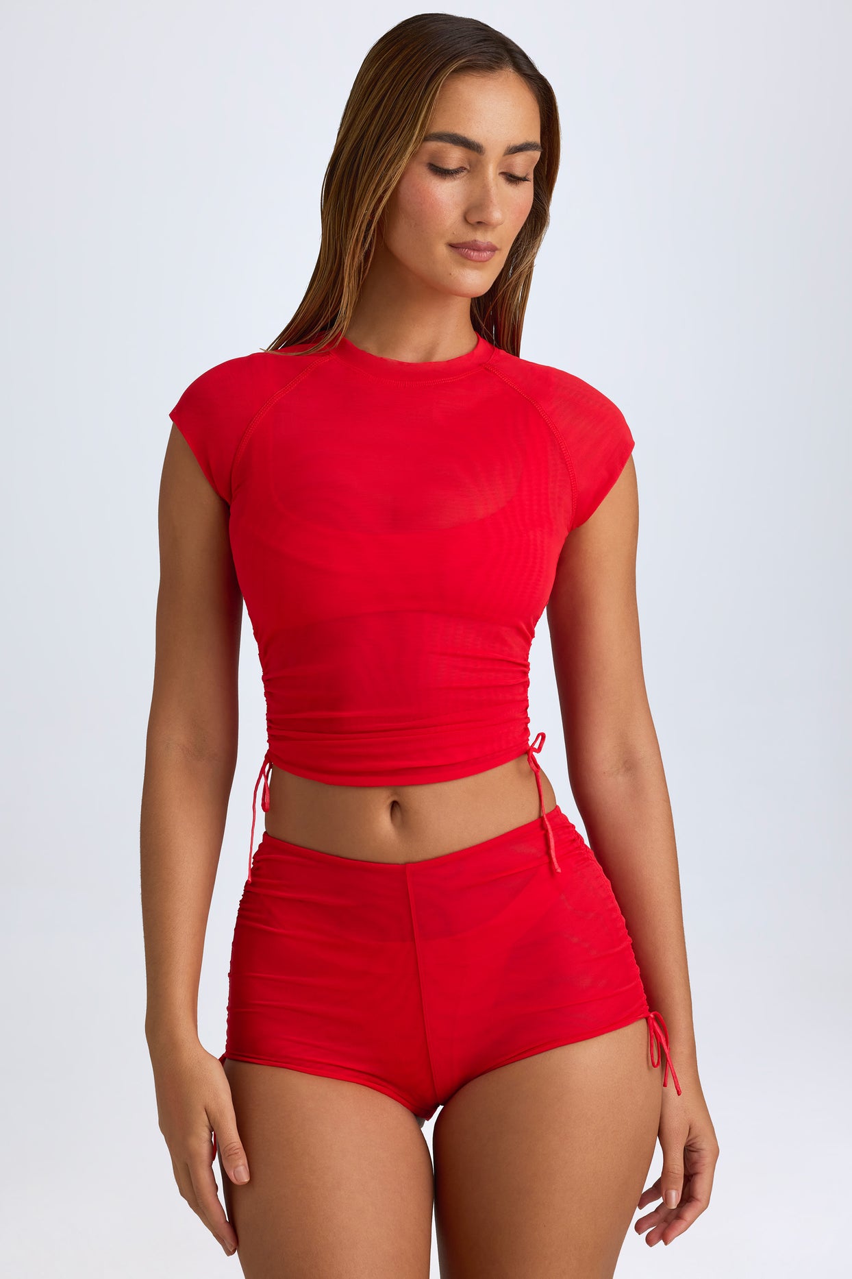 Sheer Ruched Cropped T-Shirt in Fiery Red - 3