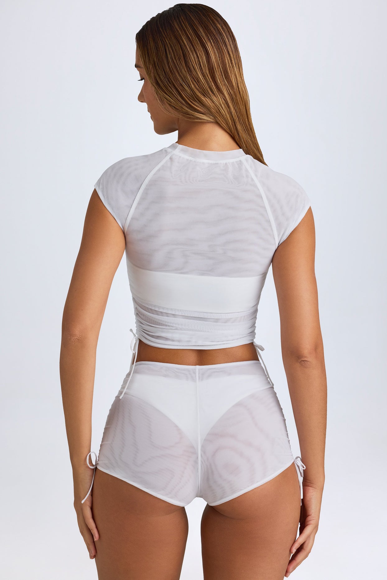 Sheer Ruched Cropped T-Shirt in White - 5