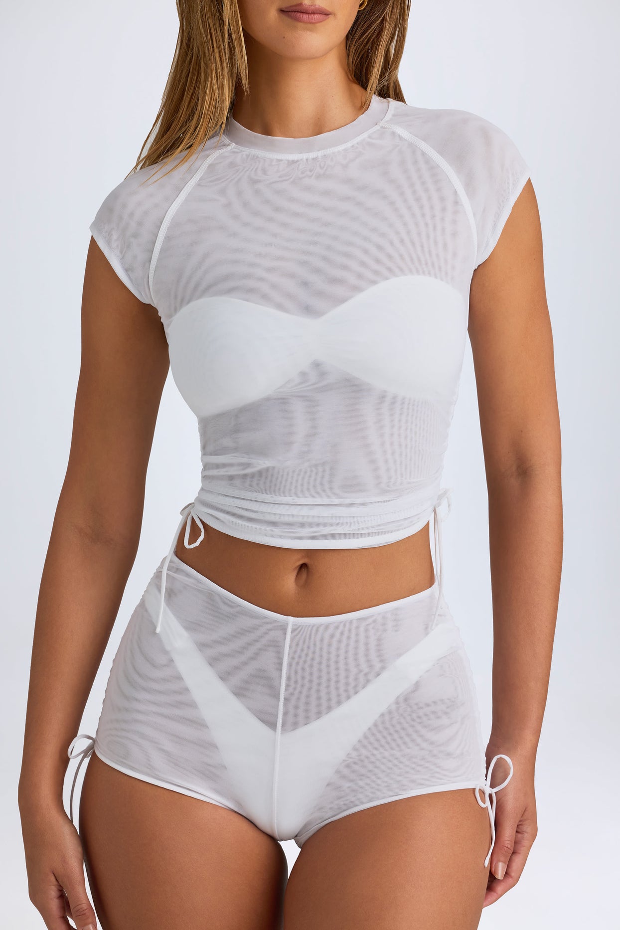 Sheer Ruched Cropped T-Shirt in White - 6