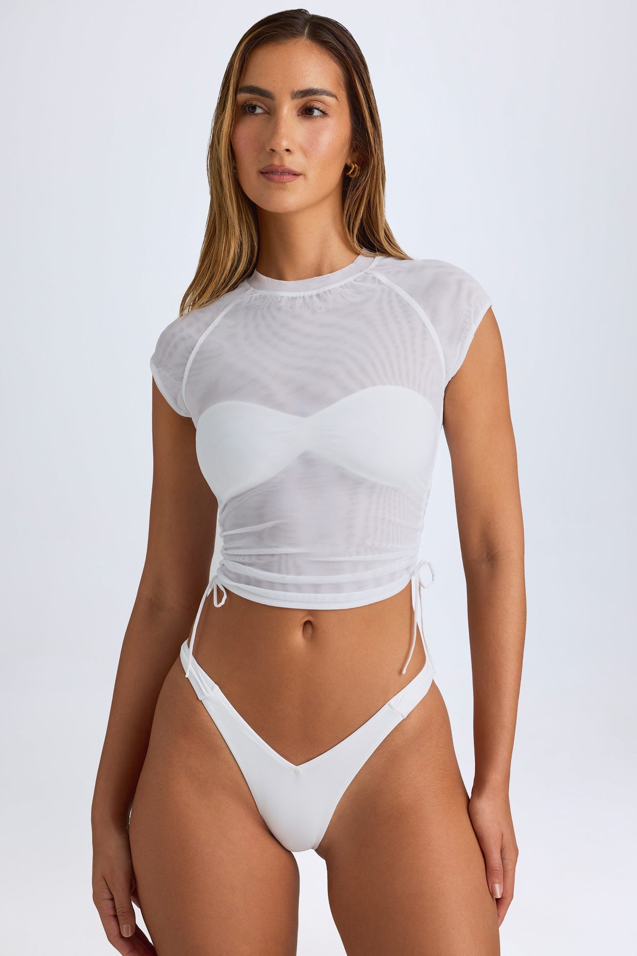 Sheer Ruched Cropped T-Shirt in White - 7
