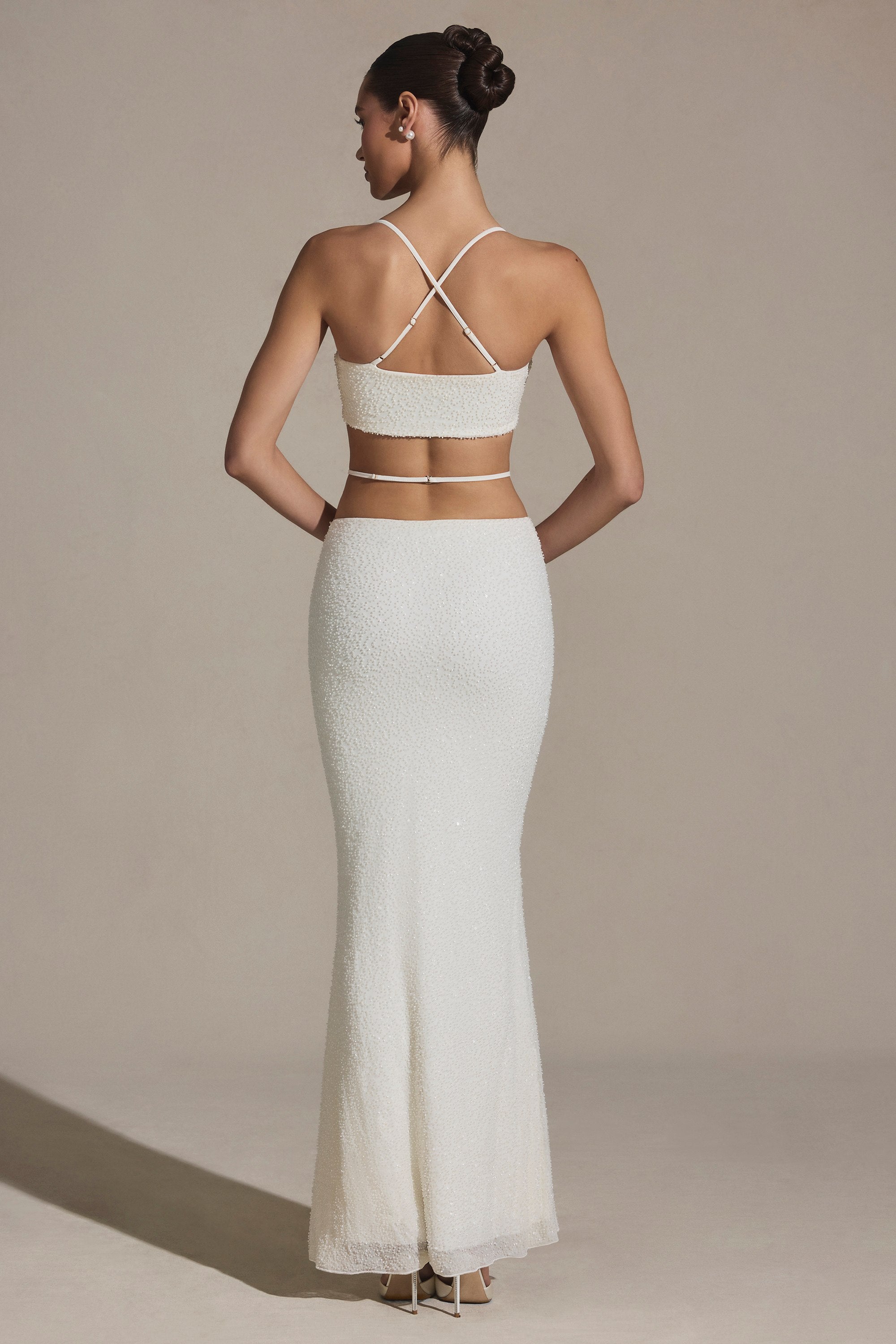 Embellished Strappy Maxi Skirt in White