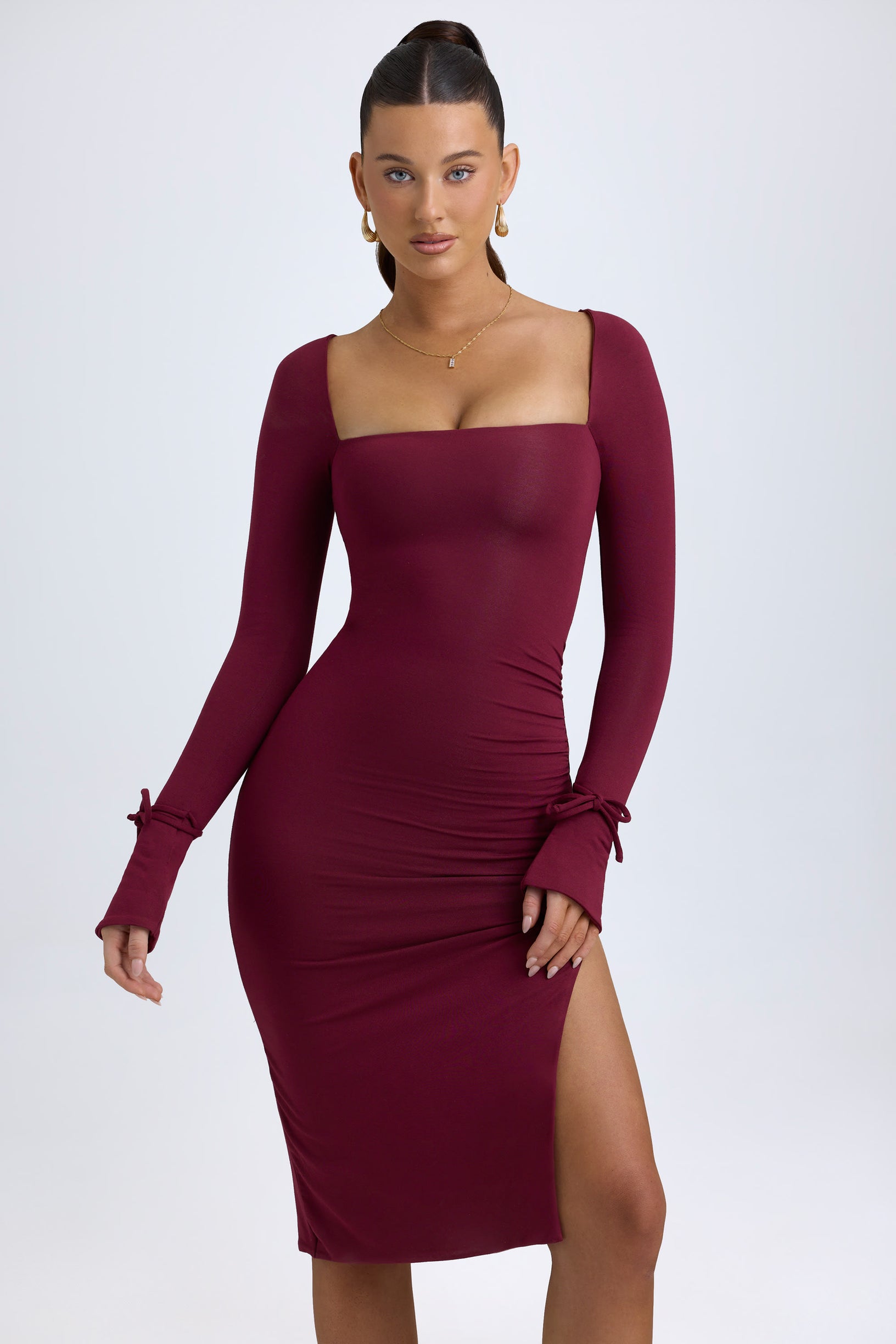 Modal Square-Neck Long-Sleeve Midi Dress in Wine Red - 1