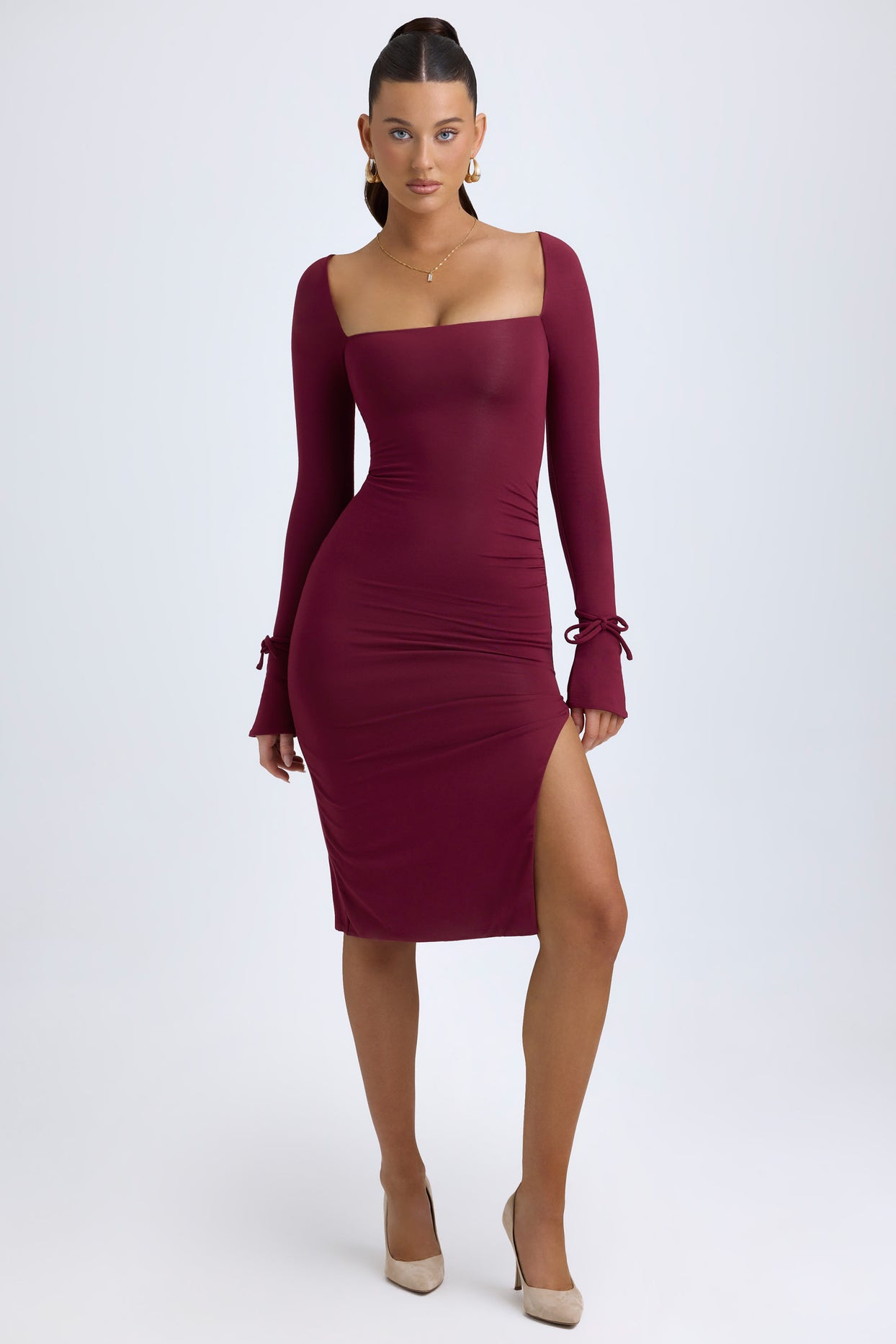 Modal Square-Neck Long-Sleeve Midi Dress in Wine Red - 5