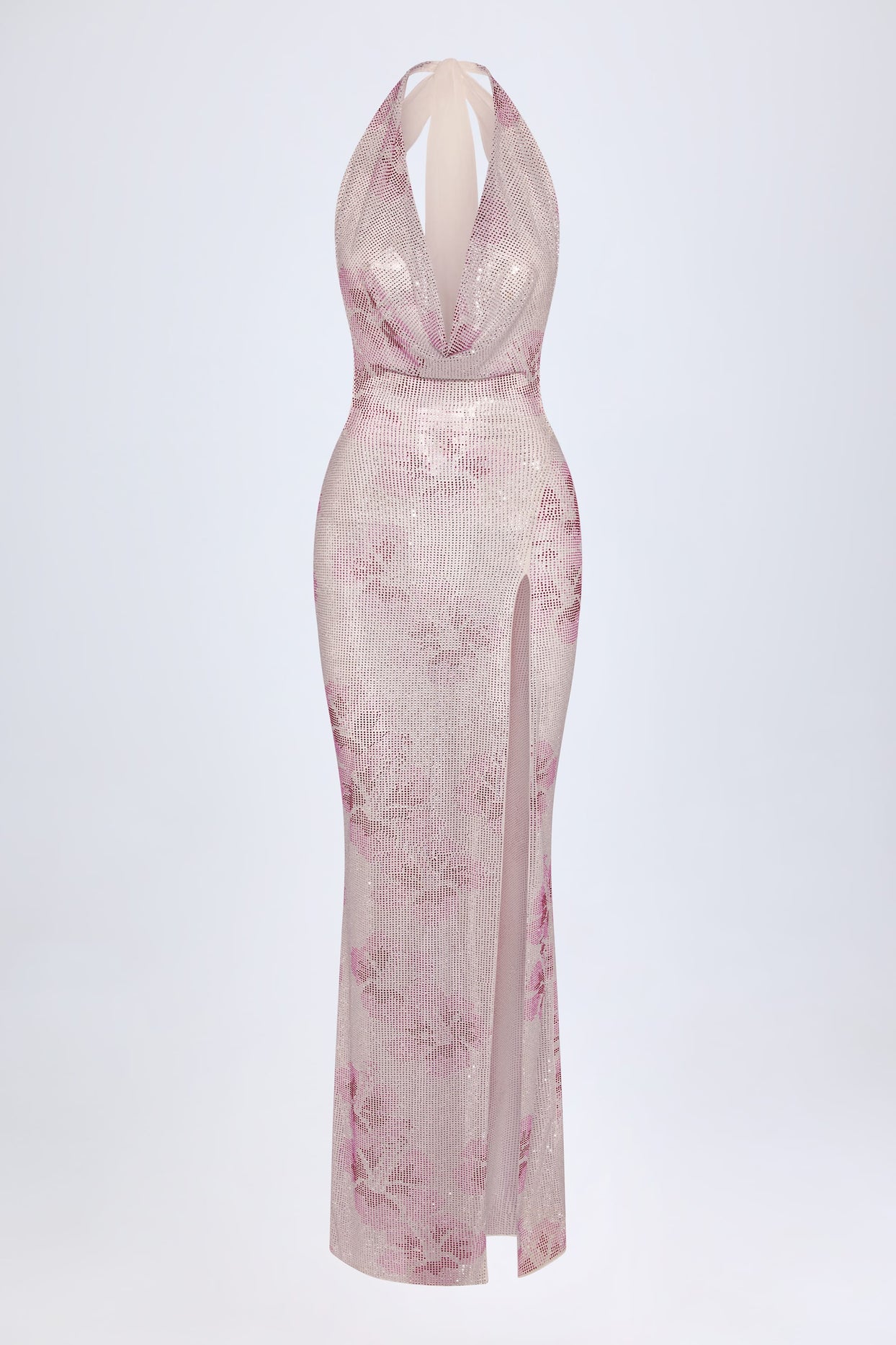 Embellished Cowl-Neck Maxi Dress in Pink White Hotfix - 3