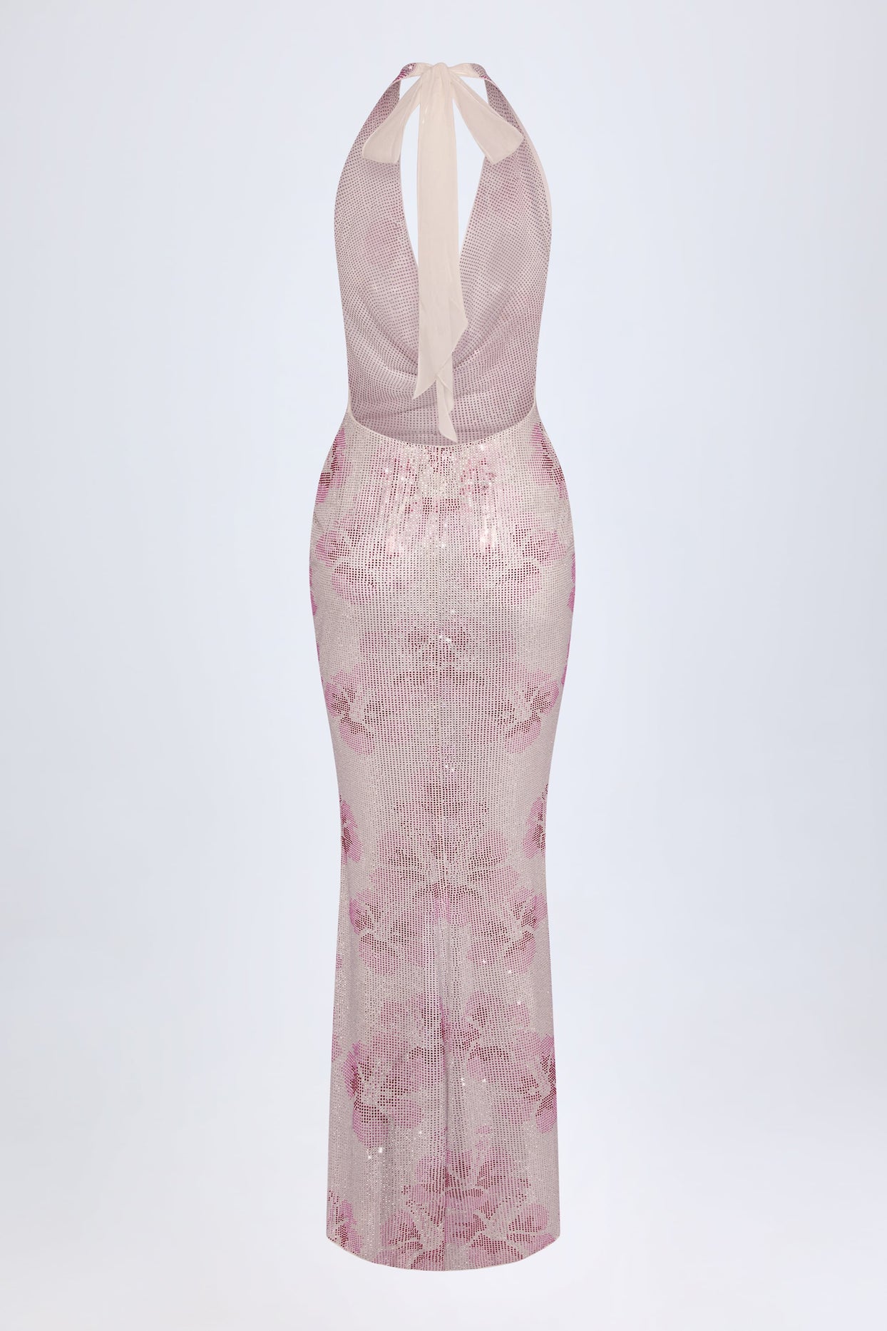 Embellished Cowl-Neck Maxi Dress in Pink White Hotfix - 4