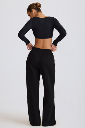 Soft Cotton Mid-Rise Wide-Leg Joggers in Black