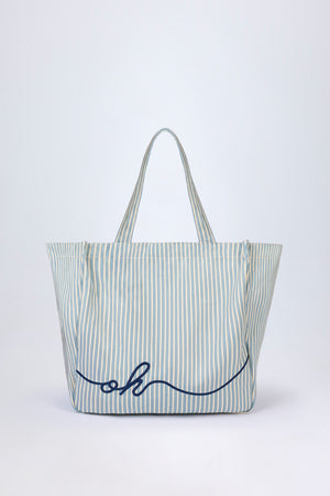 Oversized Canvas Tote Bag in Teal Blue Double Stripe