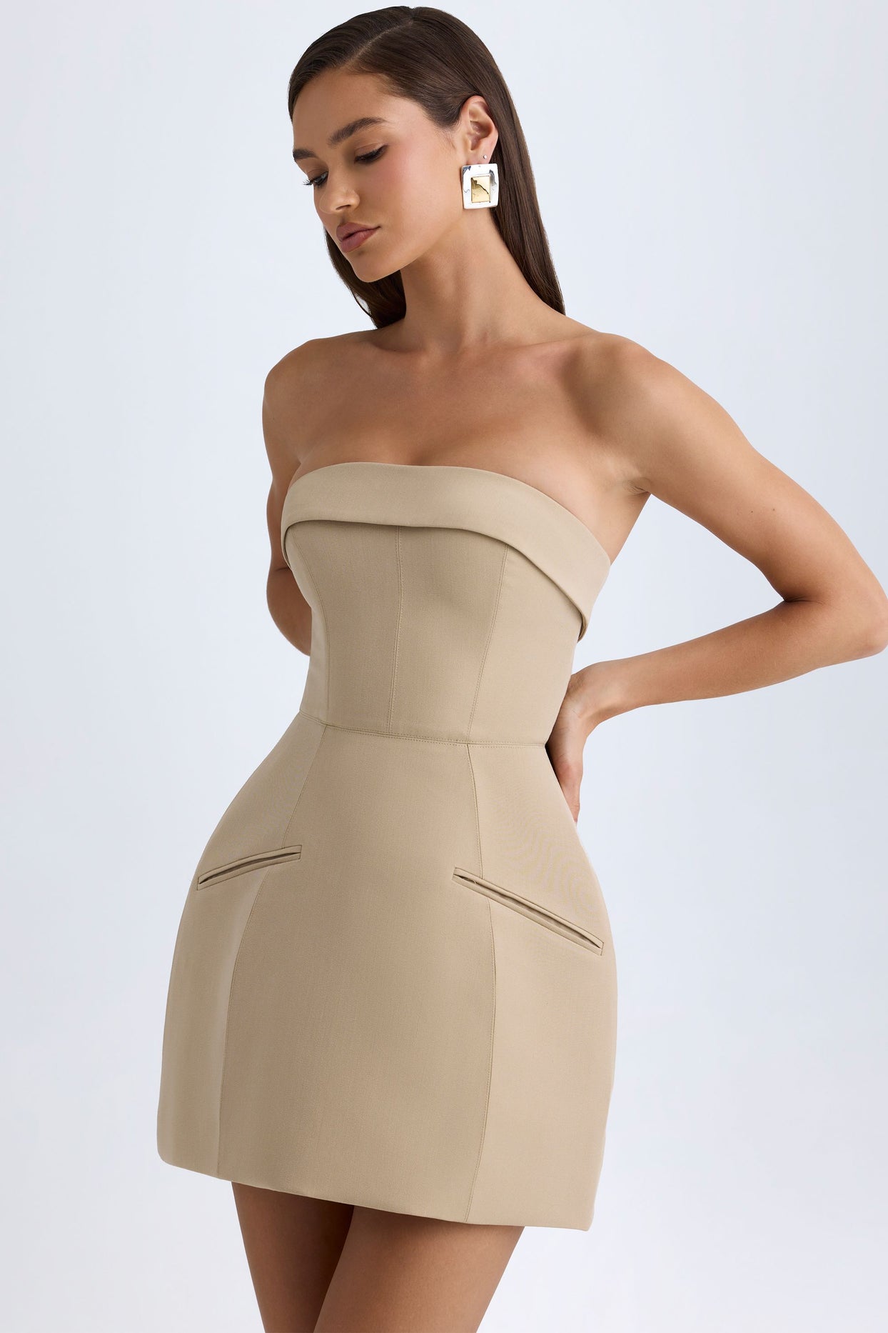 Foldover-Neck Structured Tulip Mini Dress in Camel - 1
