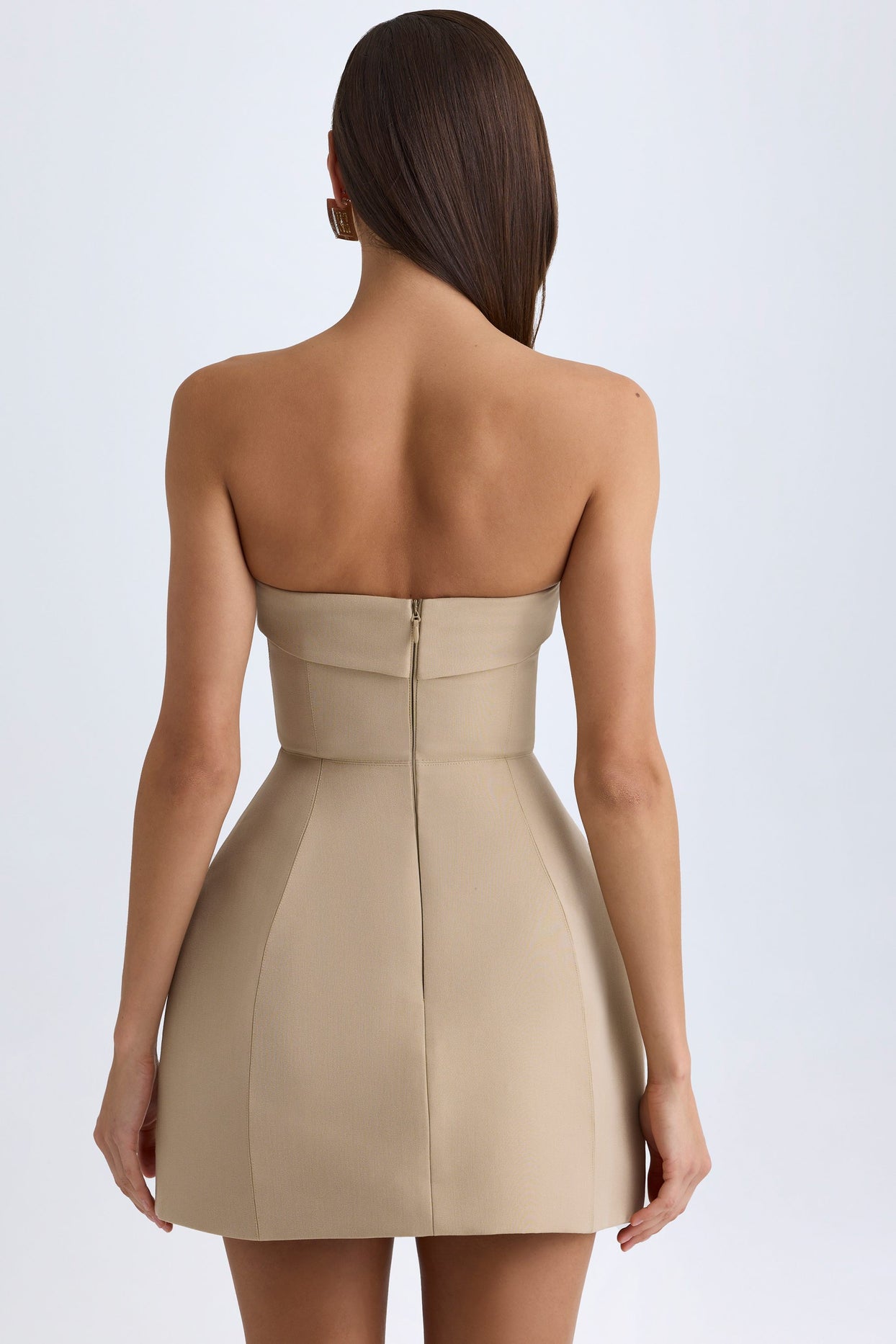 Foldover-Neck Structured Tulip Mini Dress in Camel - 3