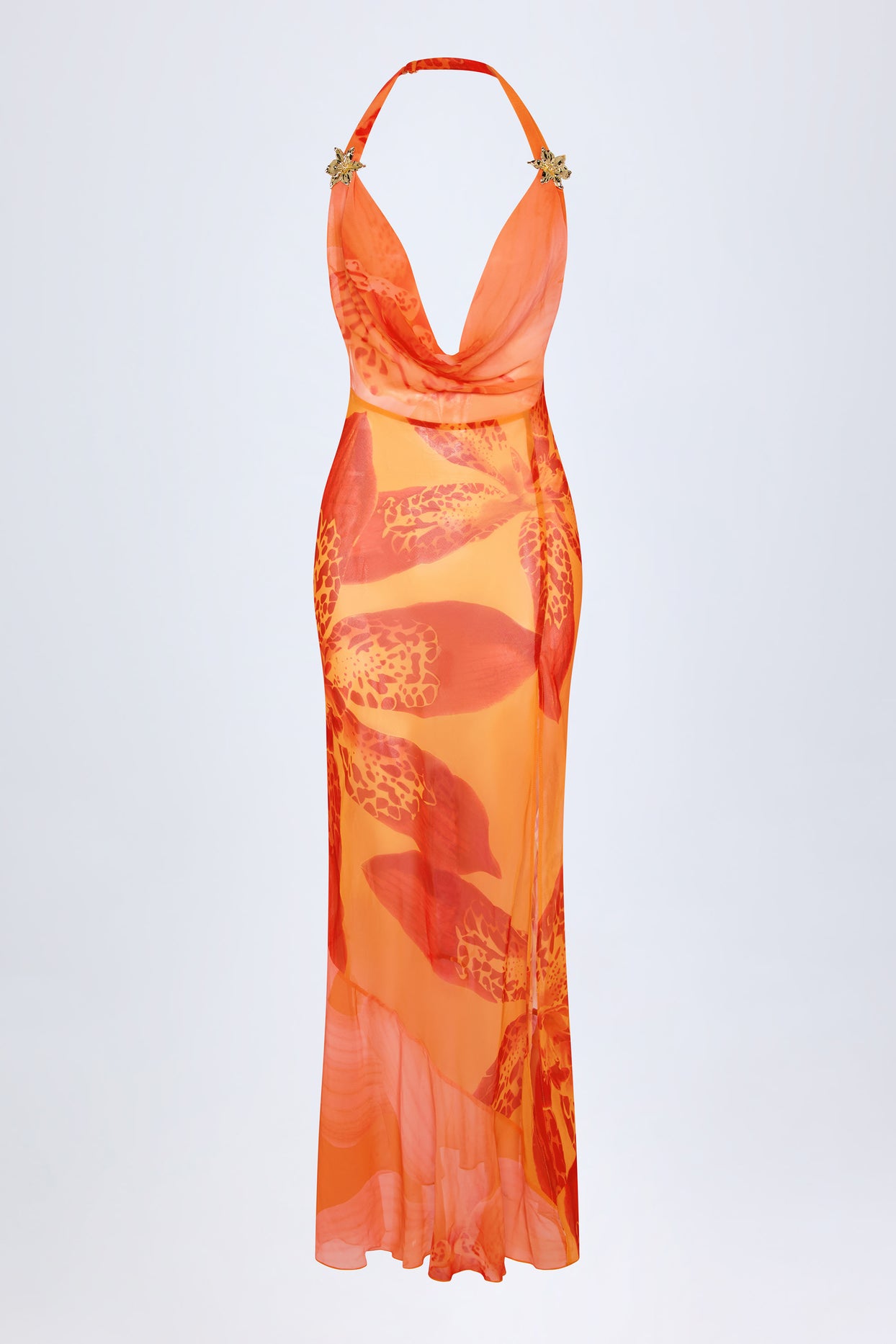 Cowl-Neck Hardware-Detail Maxi Dress in Orange Orchid Print - 3