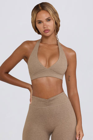 Brushed Jersey V-Neck Sports Bra in Mocha Marl