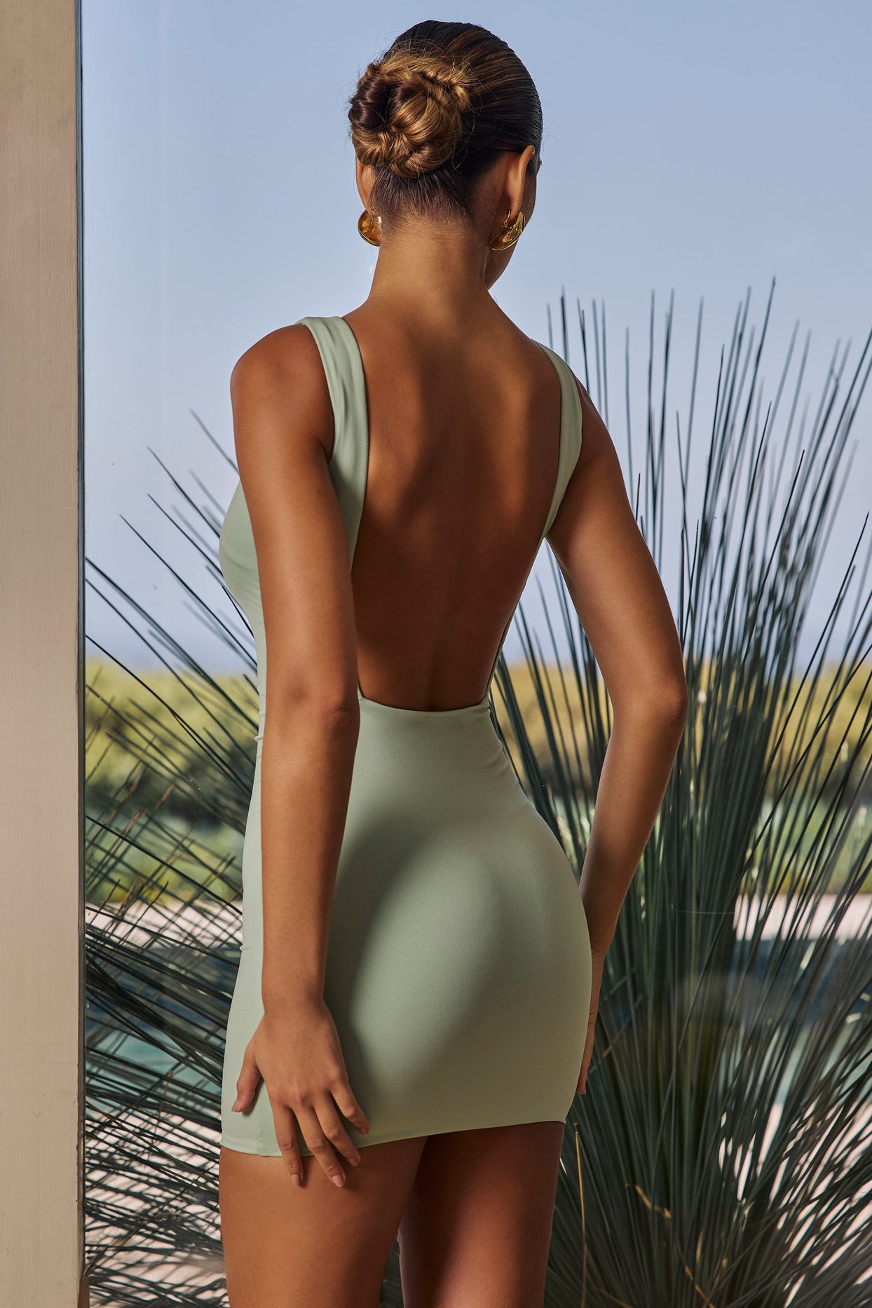 Draped Open-Back Mini Dress in Green - 2