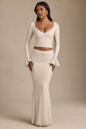 Draped Low-Rise Lace Maxi Skirt in Ivory