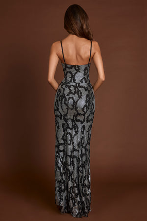 Embellished Peekaboo Cowl-Neck Dress in Silver Snake
