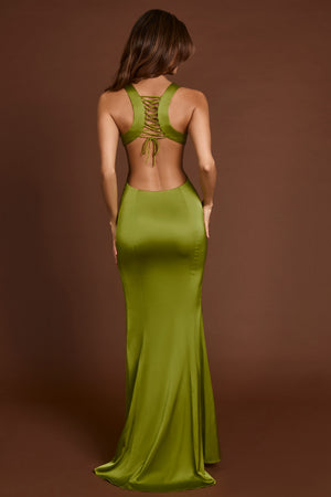 Vittoria Scoop-Neck Lace-up Back Maxi Dress in Olive Green | Oh Polly Vittoria Scoop-Neck Lace-up Back Maxi Dress in Olive Green | Oh Polly