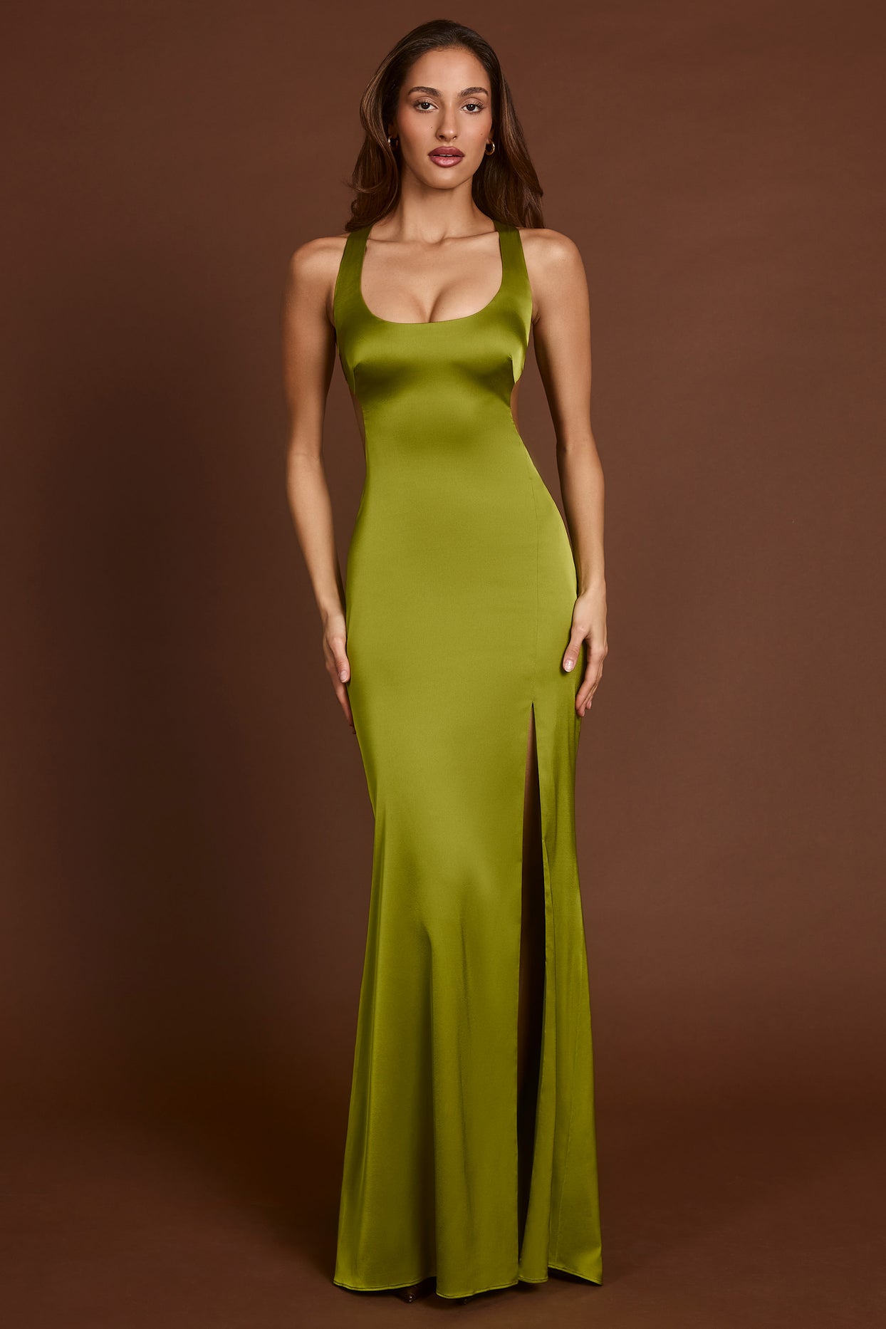 Scoop-Neck Lace-up Back Maxi Dress in Olive Green - 6