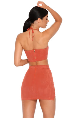 Straight Laced Suede Crop Top in Brick Red