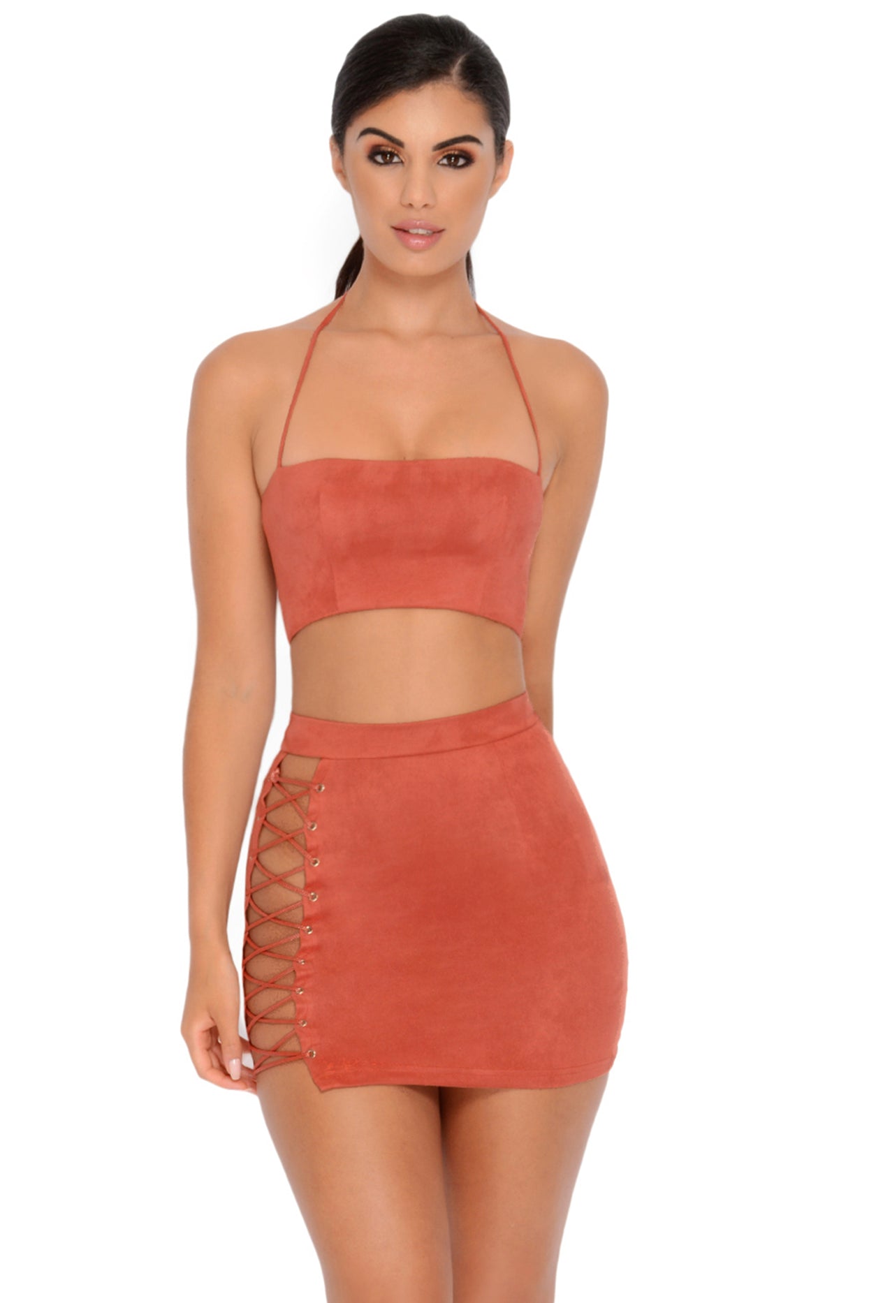 Straight Laced Suede Crop Top in Brick Red