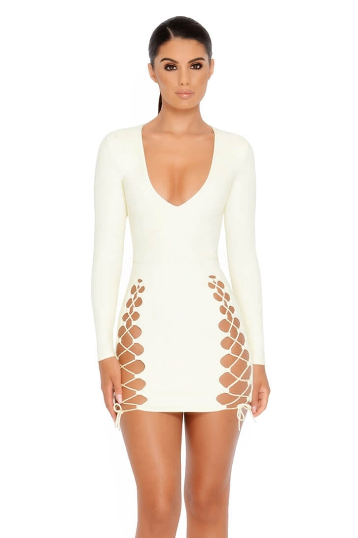 Tied And Gone To Heaven Suede Lace Up Mini Dress in Ivory - 11